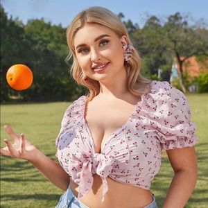 SHEIN 1X Pink Cherry Tie Short Sleeve Crop Top
